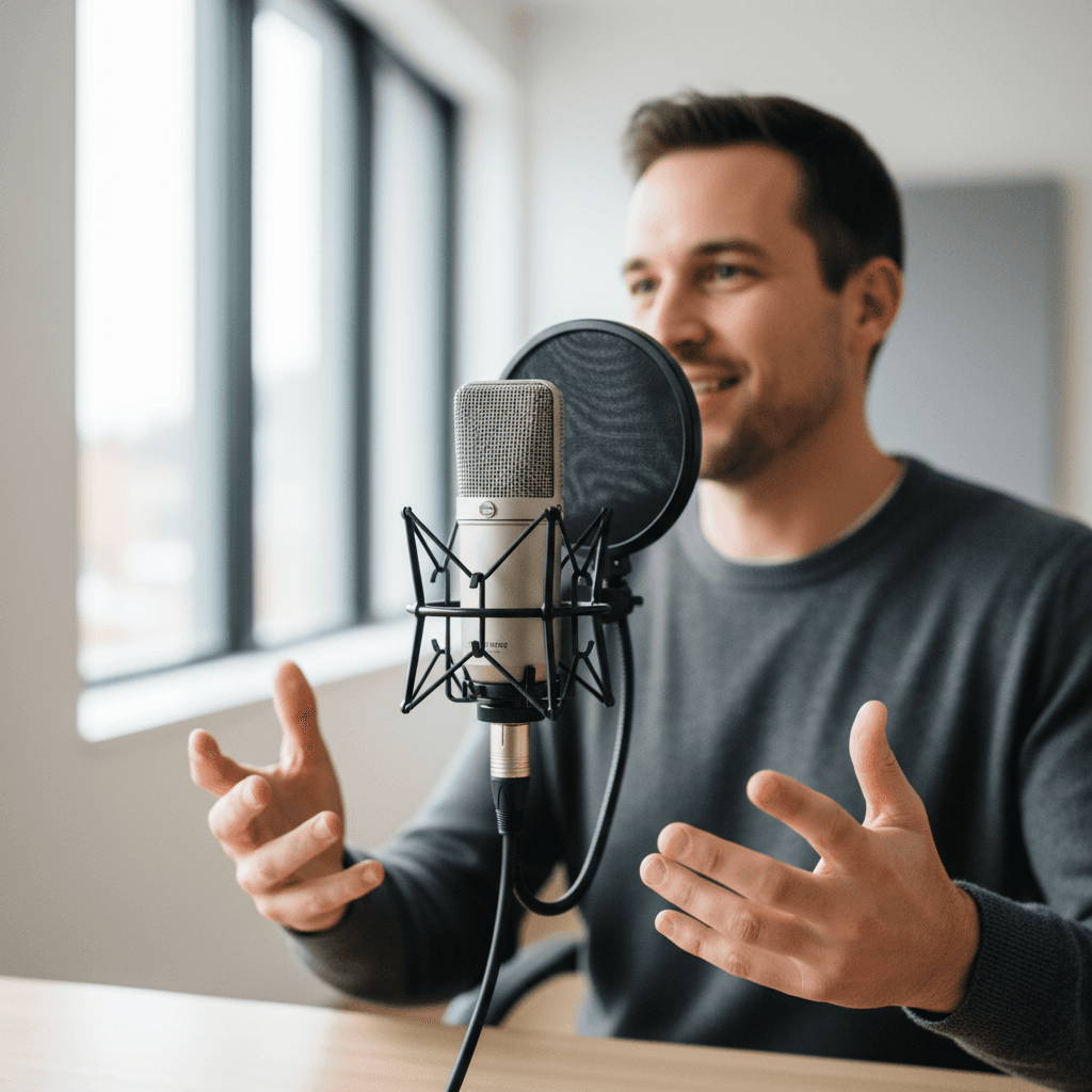 Guest speaking into podcast microphone with engaging expression