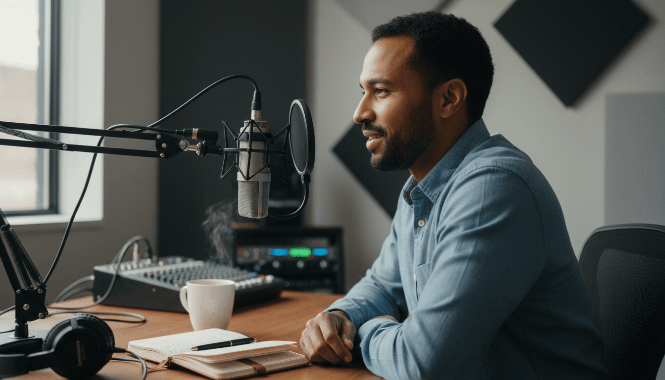 Marc Little seated in professional broadcast studio setting