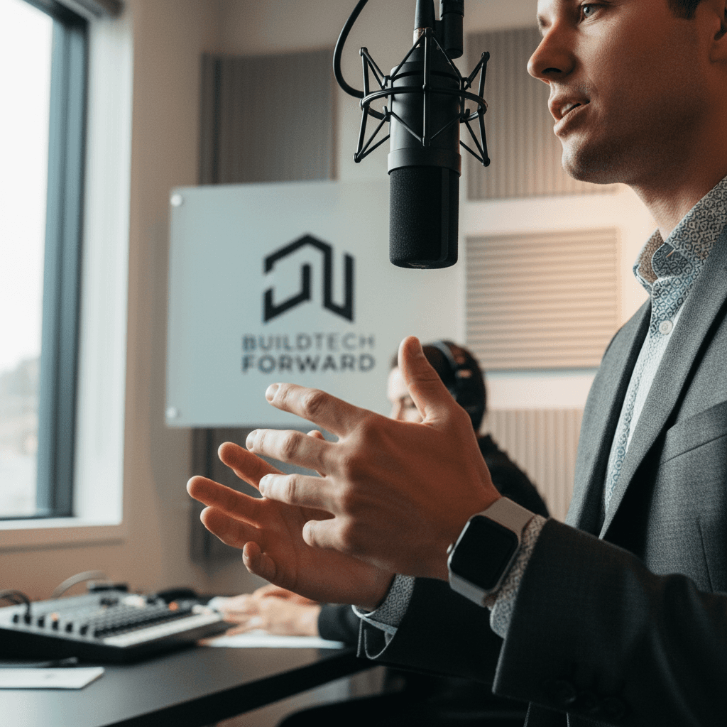 Professional guest seated at podcast microphone with confident bearing